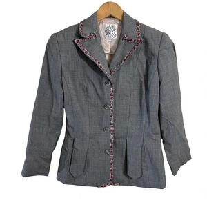 Beverly Mehe 6 Wool Blazer Jacket Gray Flower Applique Embellished Embroidered